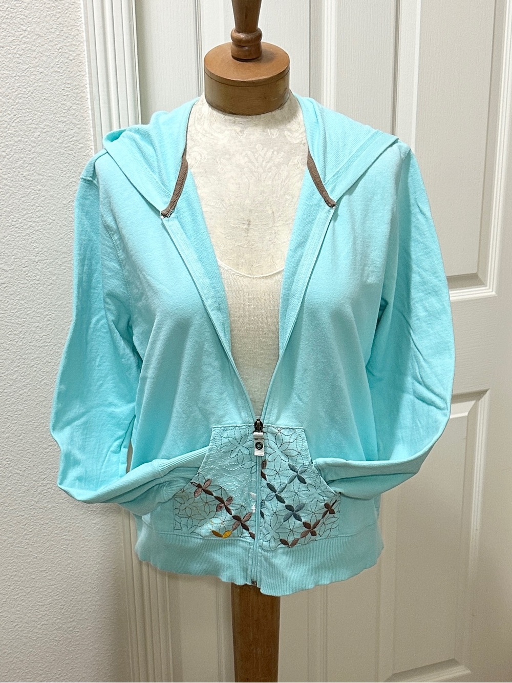 Oleg Cassini Sport Aqua French Terry Front-Zip Hoodie with Pocket Embroidery - L